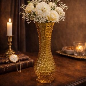 Vintage Rossini Italy Amber Art Glass Vase 12" Diamond Optic Italian Handmade